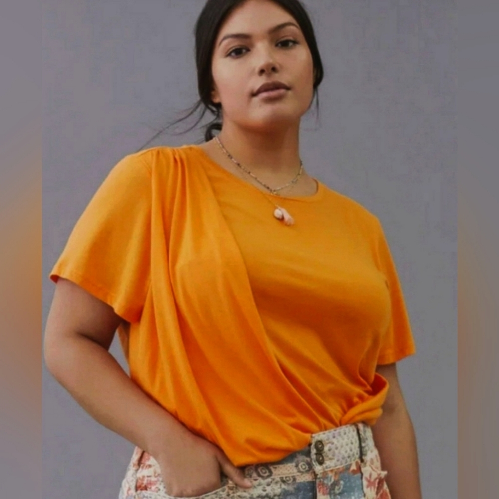 Anthropologie bright orange draped cropped tee